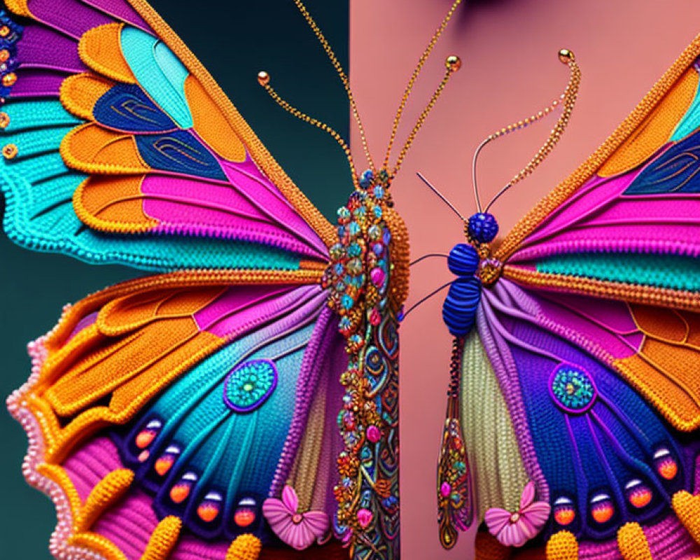 Colorful Digital Image: Two Butterflies with Jewel-Like Wing Patterns