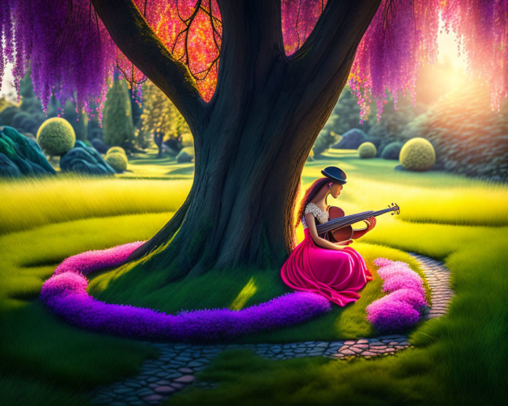 Woman in Pink Dress Playing Guitar Under Blossoming Tree at Sunset