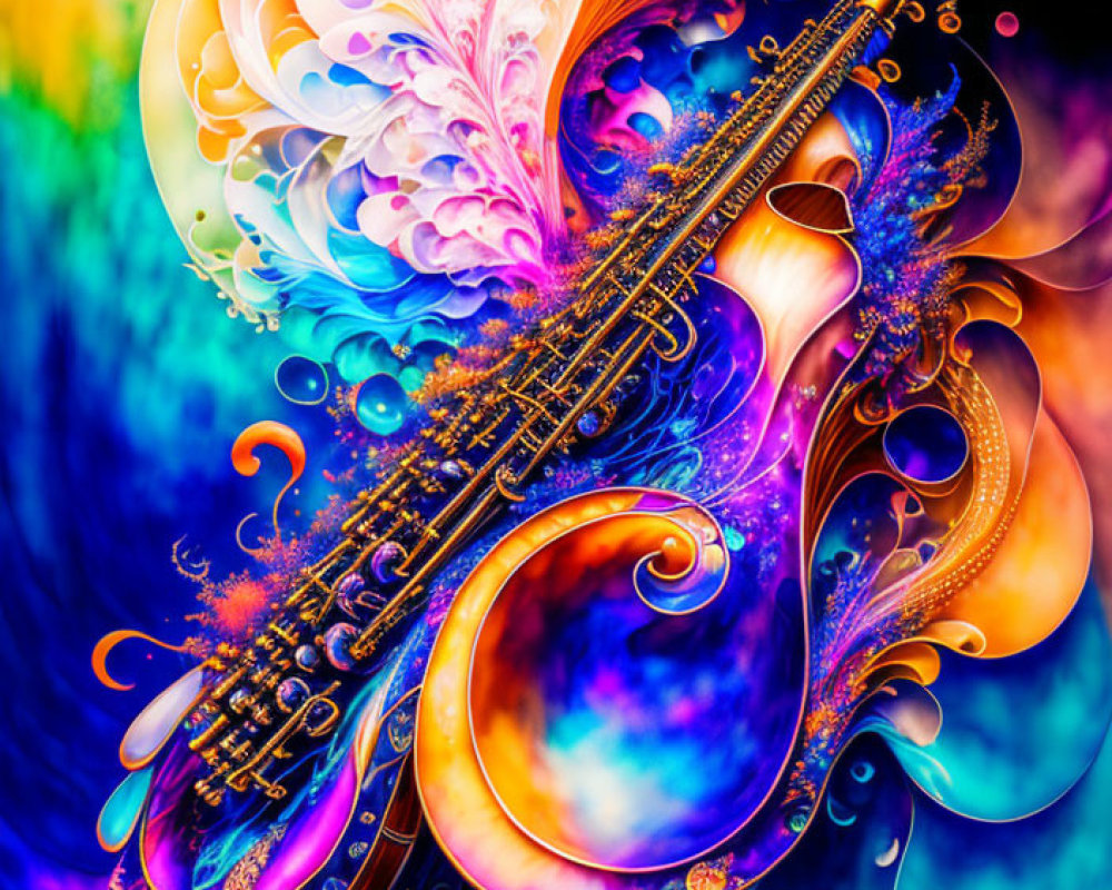 Colorful Abstract Saxophone Illustration with Swirling Patterns and Floral Motifs