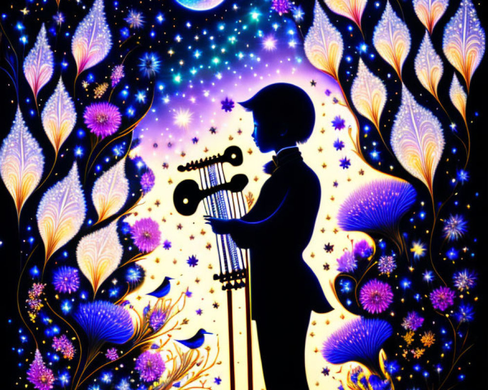 Person playing trumpet in cosmic scene with flowers and stars