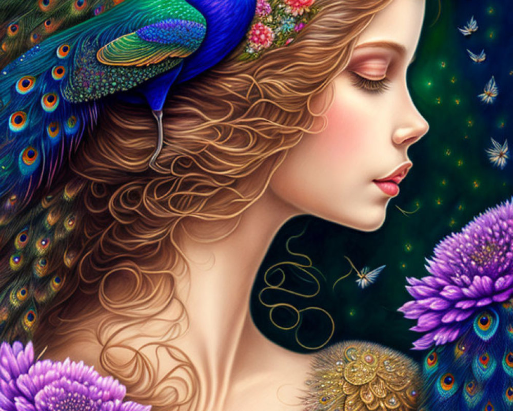 Illustration of woman with peacock feathers in hair, surrounded by flowers and fireflies on starry