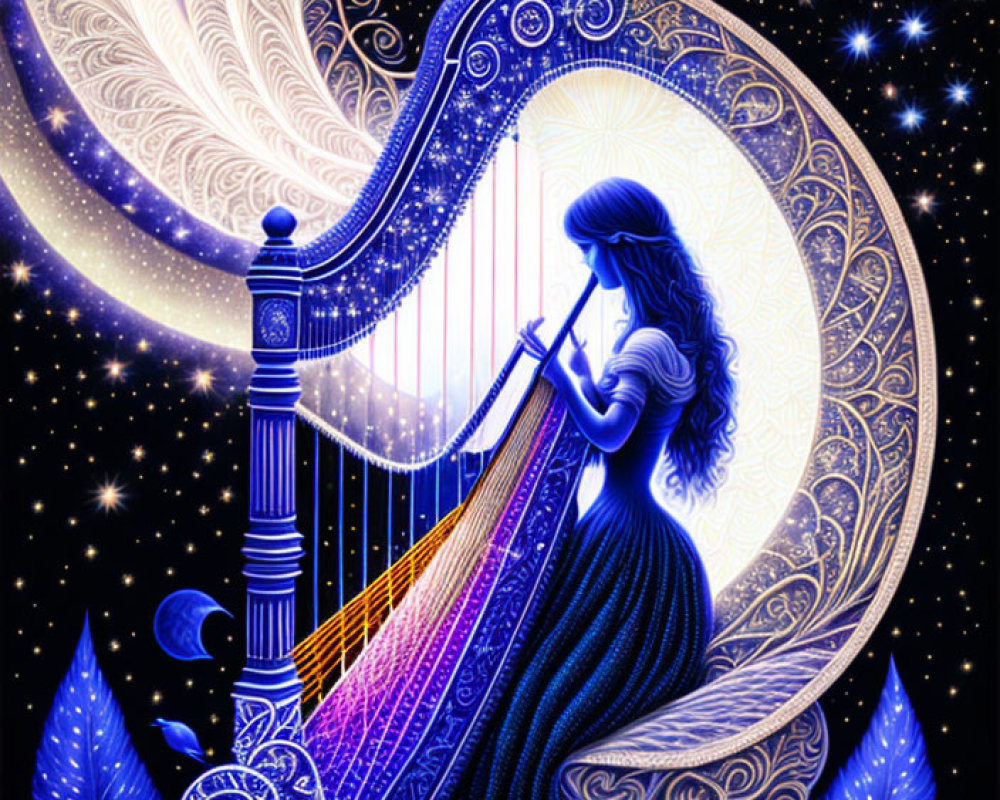 Silhouetted woman playing harp in cosmic night sky scene