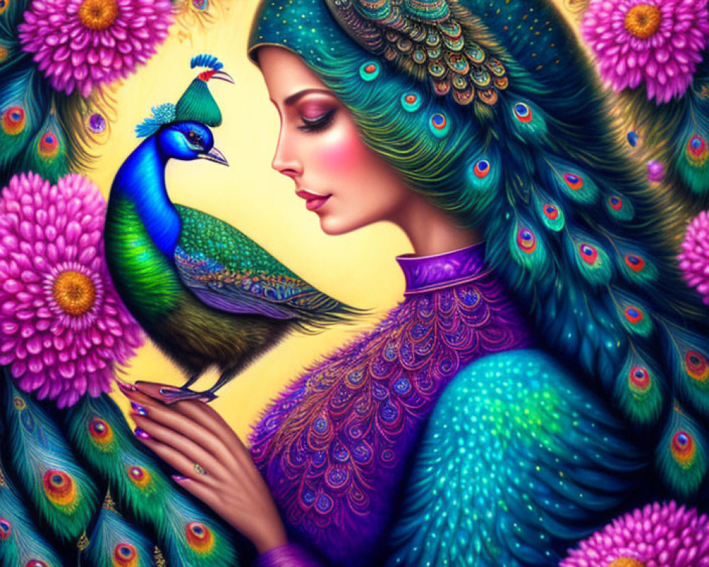 Colorful artwork of woman with peacock features and flowers in vibrant blend of fantasy and realism