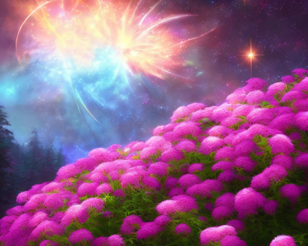 Vibrant cosmic event over lush hill of pink flowers & starry sky