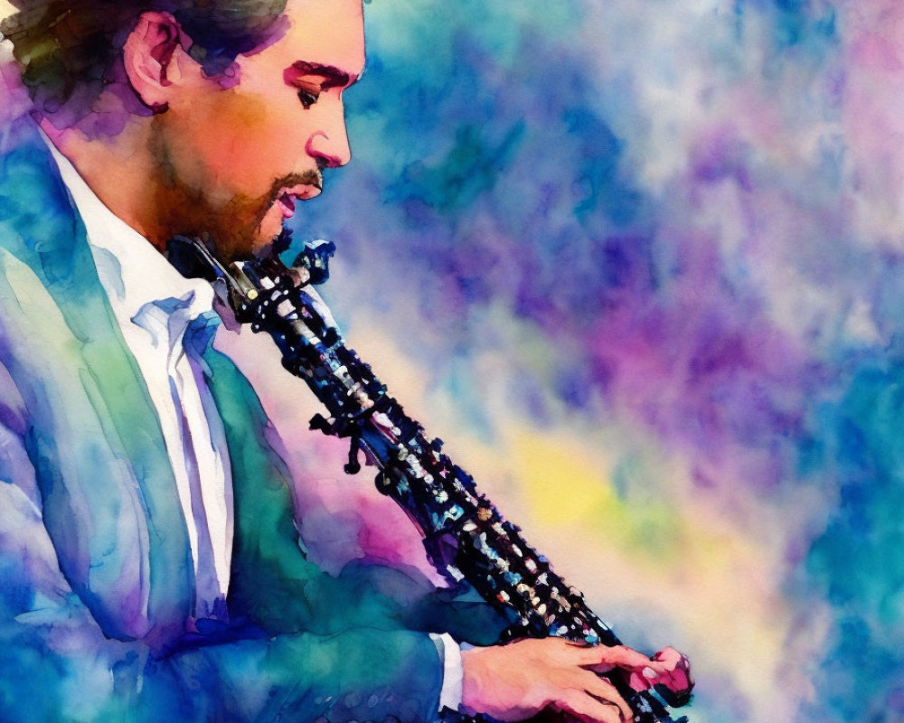 Colorful Watercolor Painting of Man Playing Saxophone