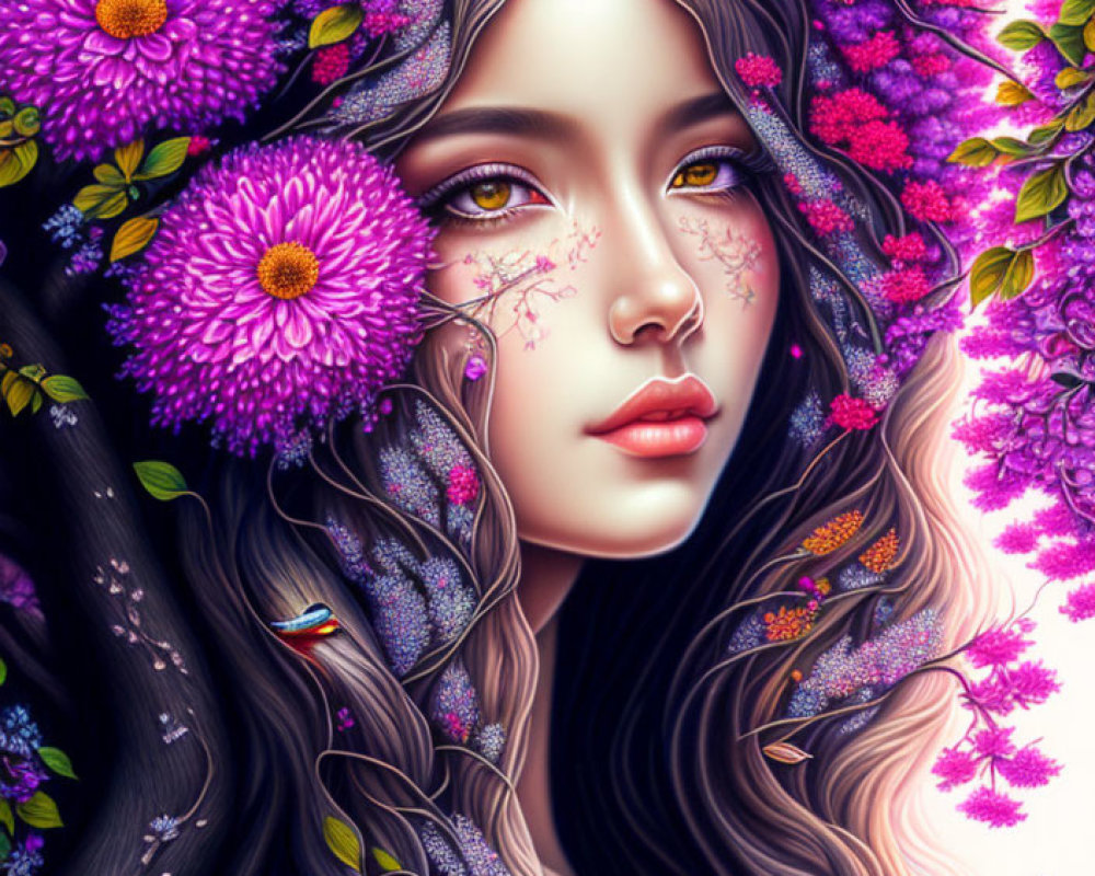 Digital artwork: Woman with long hair among vibrant purple flowers, butterflies, fairy-tale aura
