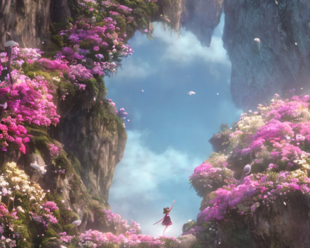 Person in red surrounded by towering cliffs and pink blossoms in a fantastical landscape.