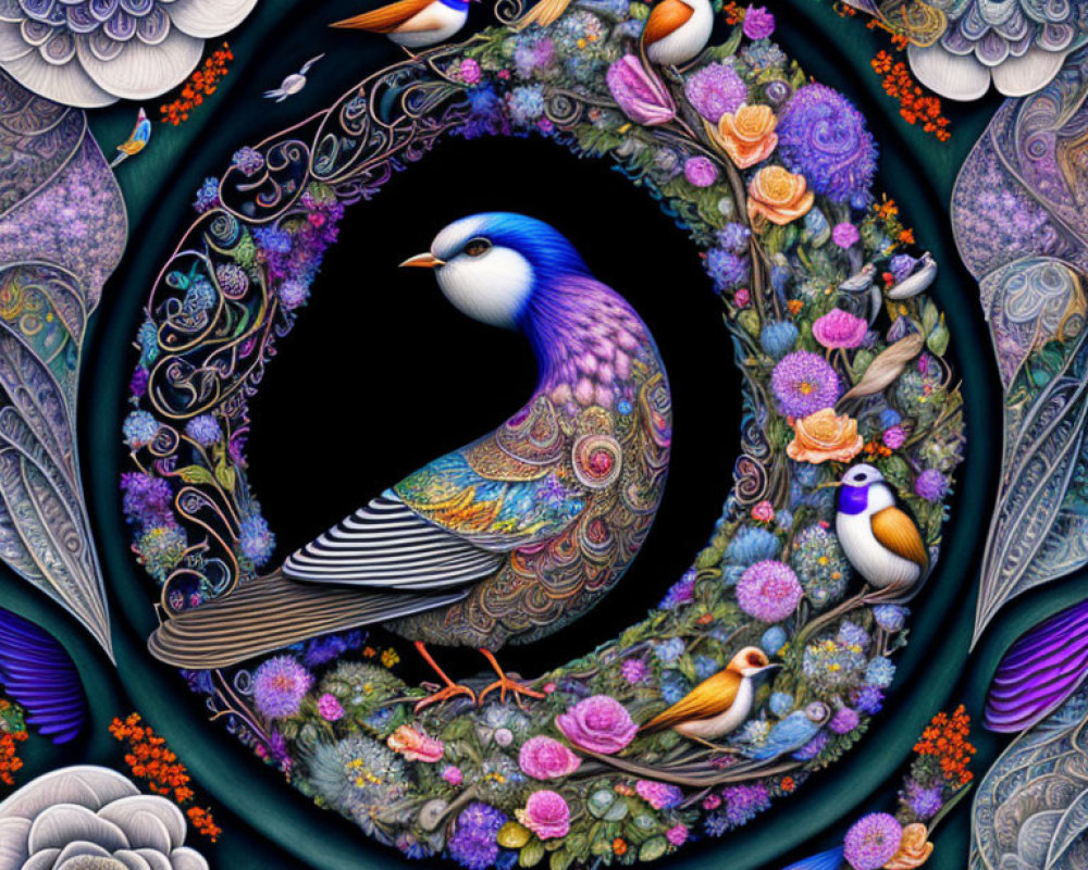 Detailed illustration: Vibrant peacock with birds, floral patterns, and decorative elements in symmetrical design