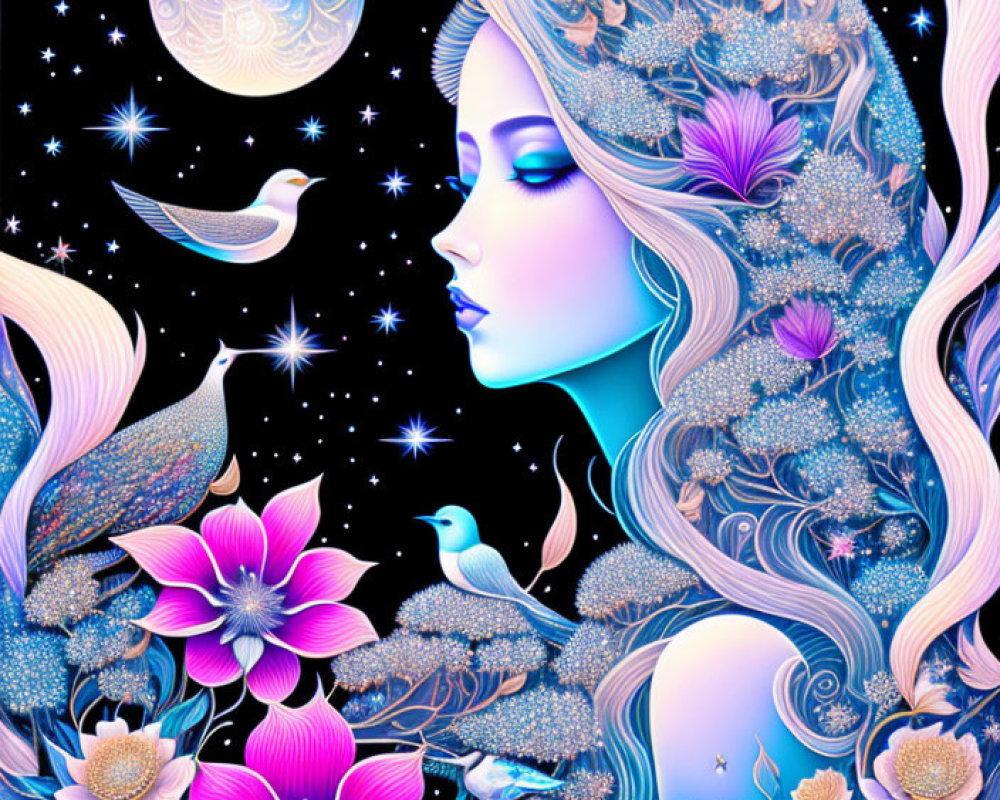 Illustration of woman with floral hair in celestial setting