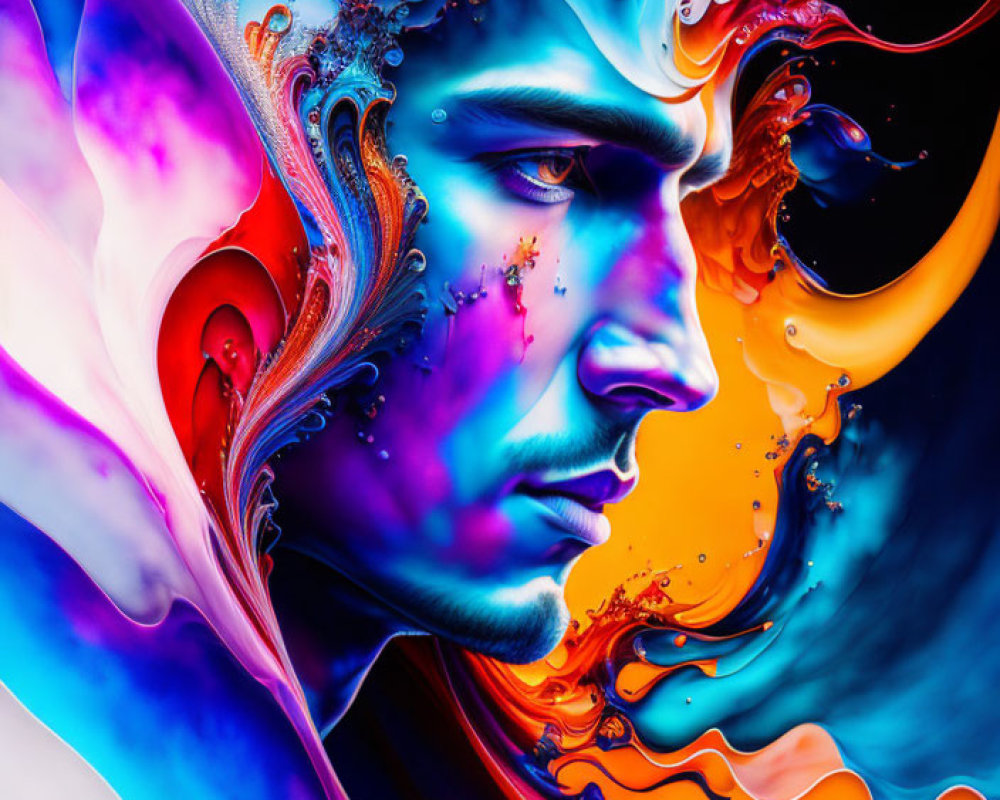 Colorful Abstract Portrait with Swirling Patterns and Liquid Textures