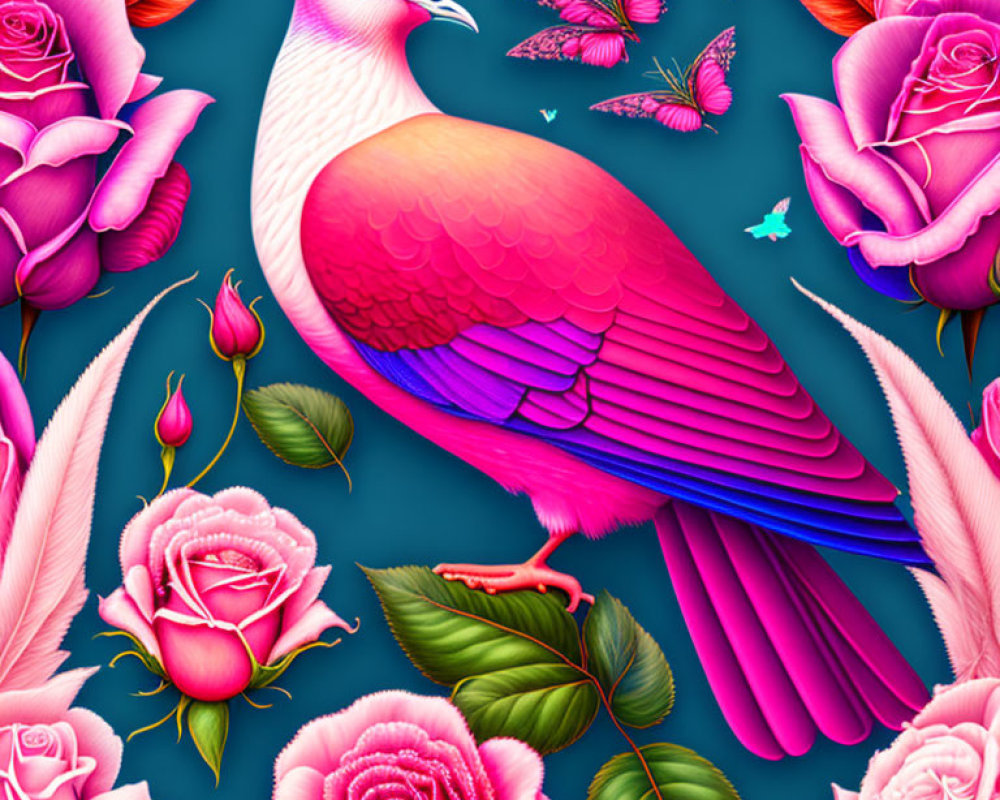 Colorful Pink Pigeon with Roses, Feathers, and Butterflies on Teal Background