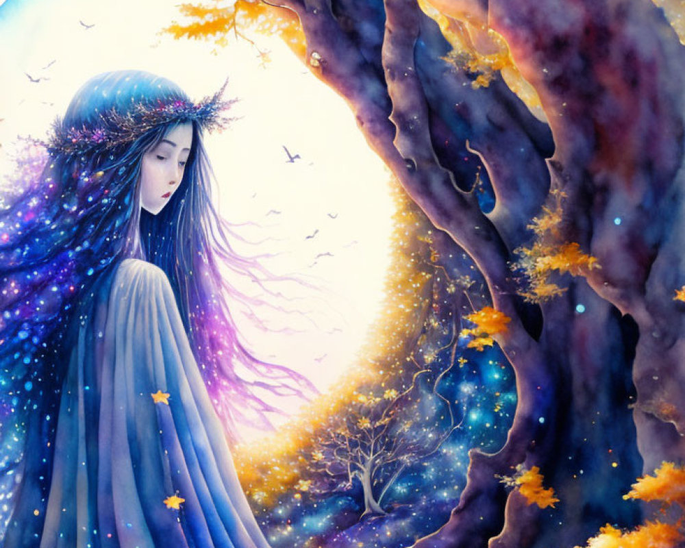Ethereal woman with star-filled hair by majestic autumn tree