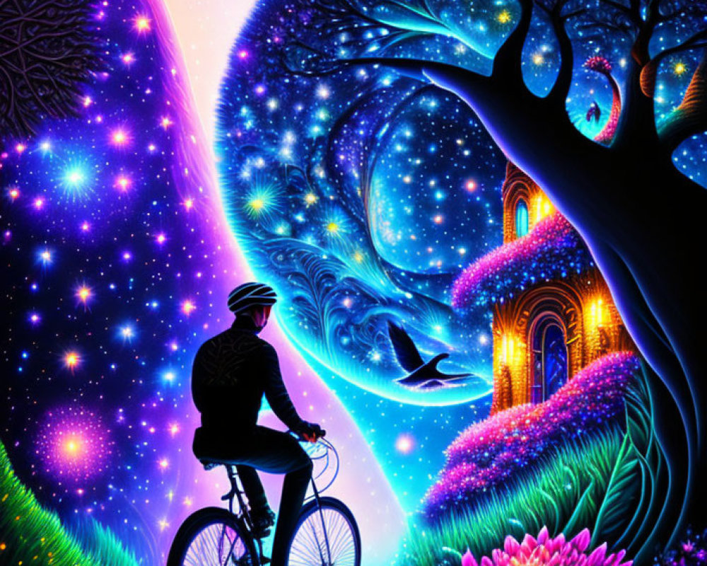 Person biking in vibrant cosmic scene with night sky, whimsical trees, bird, and glowing flowers.