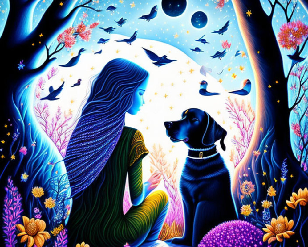 Colorful illustration: Woman with flowing hair and dog under celestial tree in vibrant setting