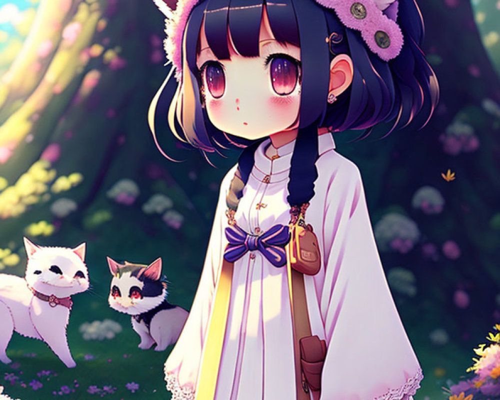 Young girl with cat ears in white dress surrounded by kittens in a magical forest
