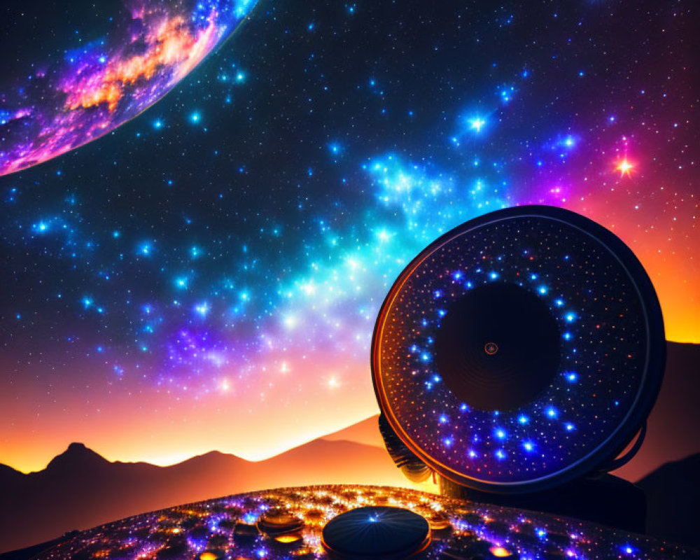 Colorful cosmic scene with large speaker on glittering surface, star-filled sky, and looming planet