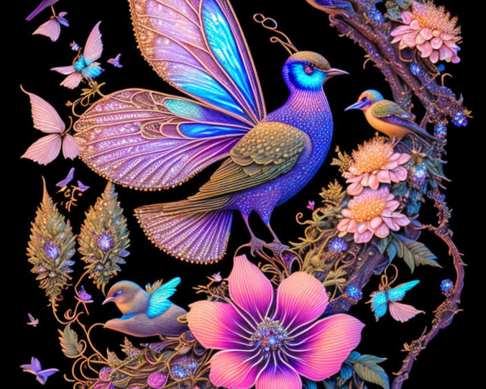 Colorful digital artwork: birds, butterflies, flowers, mushrooms in purples, pinks,