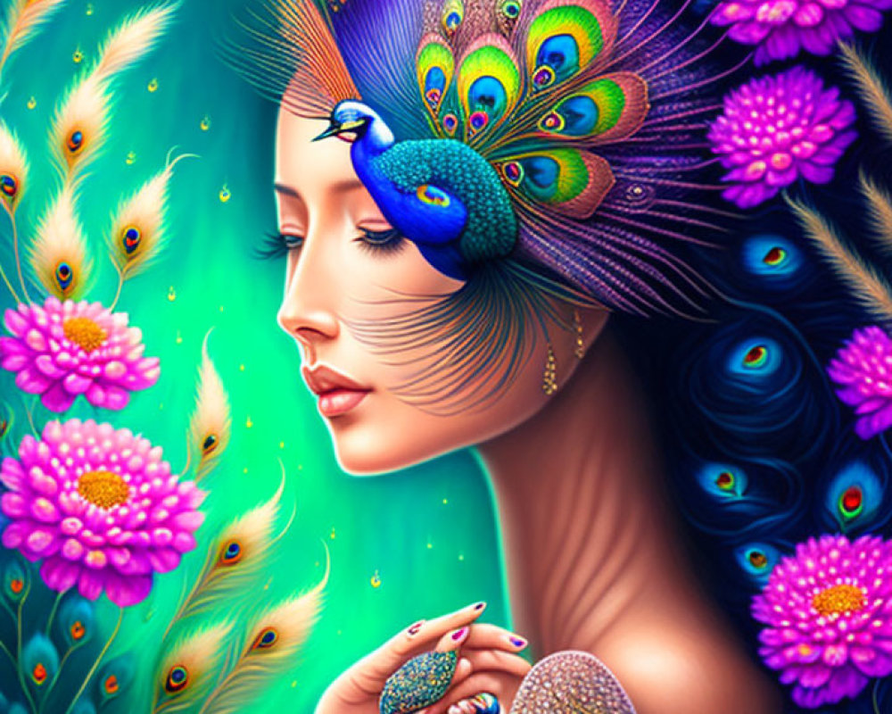 Woman adorned with vibrant peacock feathers in serene profile against lush blue and green backdrop.