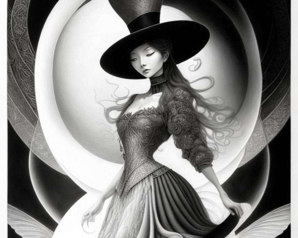 Monochromatic illustration of woman in large top hat with decorative swirls