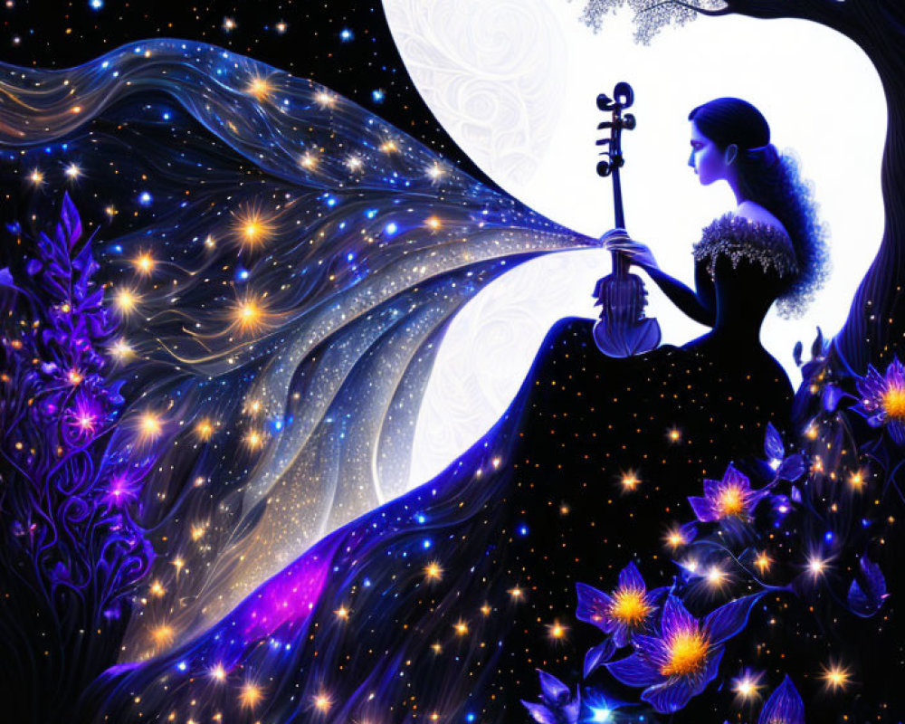 Surreal illustration of woman playing guitar under cosmic sky
