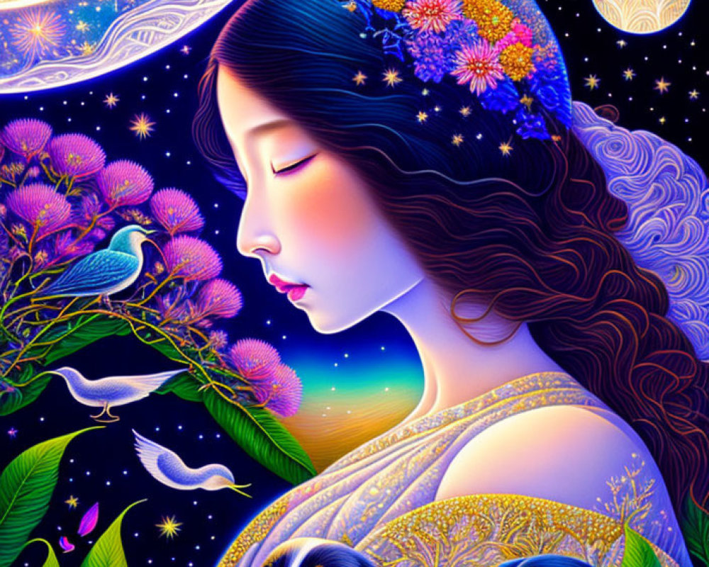 Vibrant illustration of woman with floral hair, dogs, celestial and plant motifs