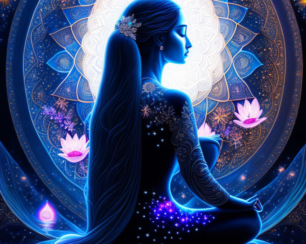Stylized digital art: Woman in meditative pose with lotuses on cosmic background