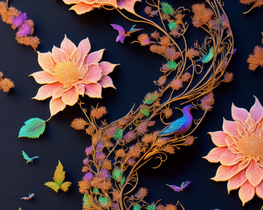 Detailed digital artwork: Golden branches, flowers, and colorful birds on dark backdrop
