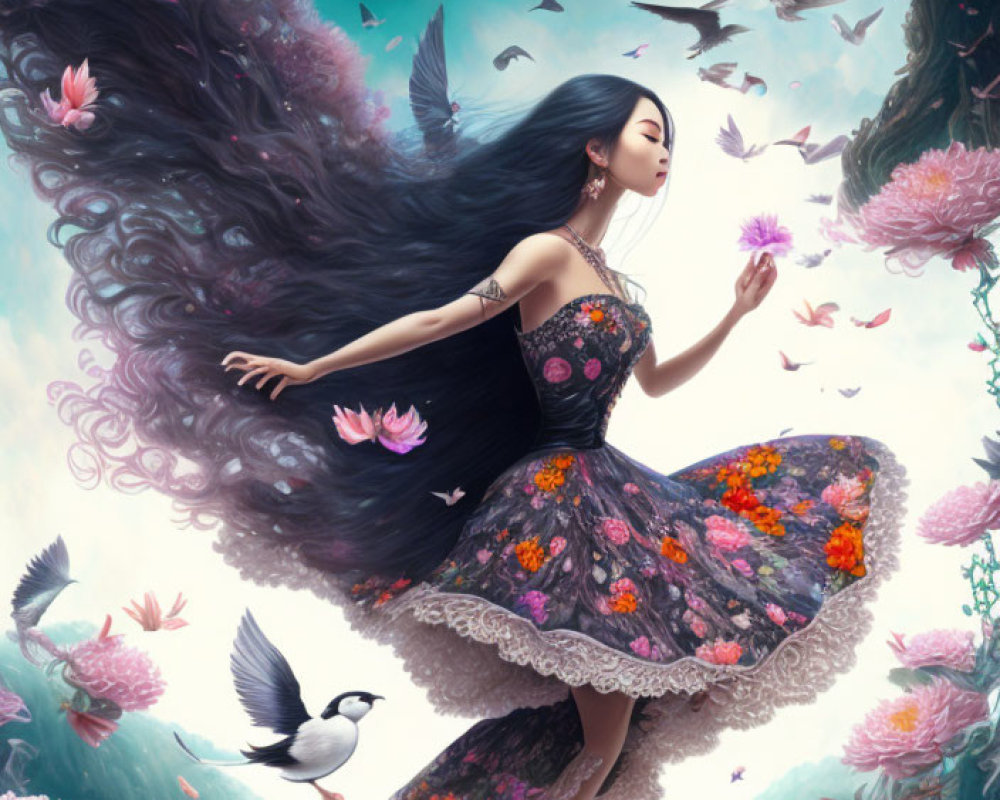Woman with butterfly wings in magical forest surrounded by flowers and birds