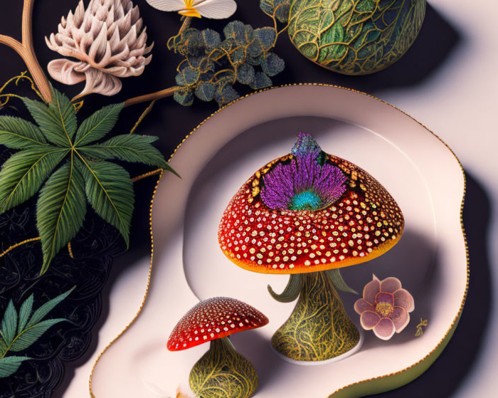 Vibrant still life with decorative mushrooms and plants