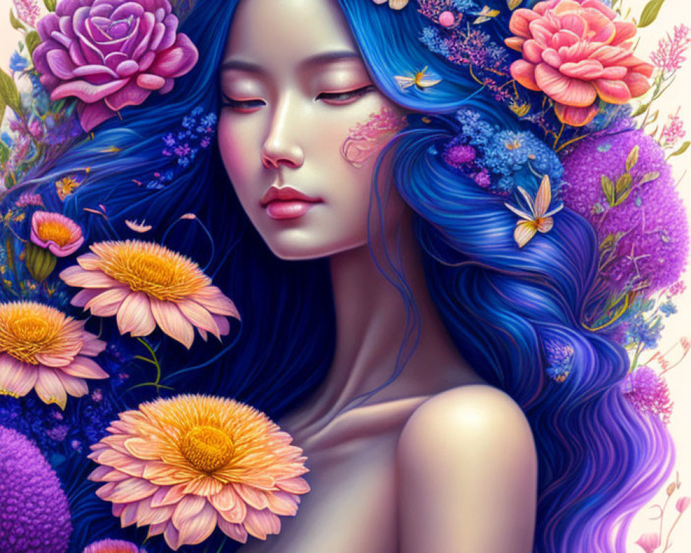 Colorful Artwork: Woman with Blue Hair and Floral Surroundings