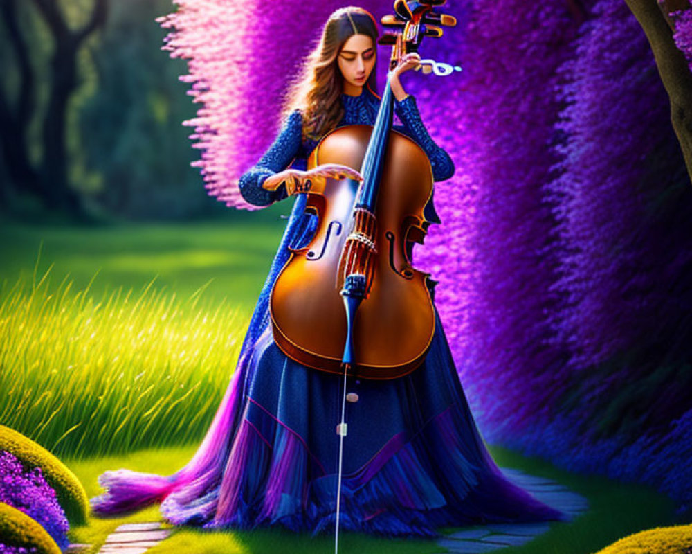 Woman playing cello in blue gown in vibrant garden path with purple flowers