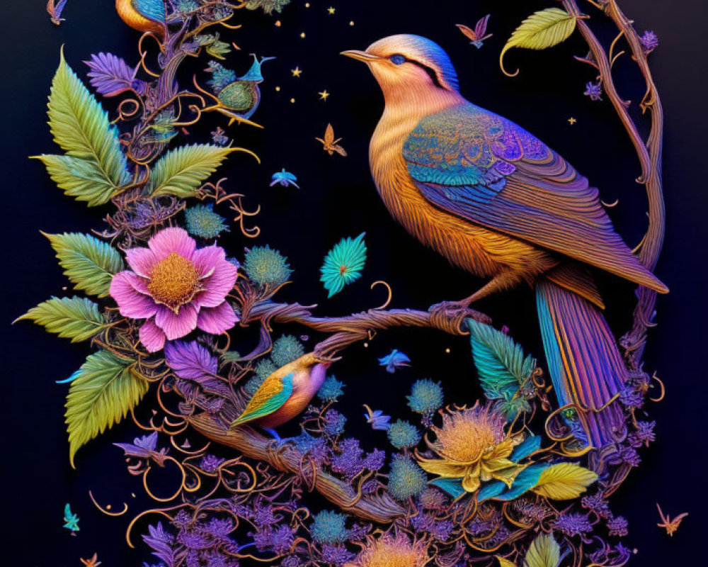 Colorful bird surrounded by intricate floral patterns and smaller birds on dark background with cosmic starry effect