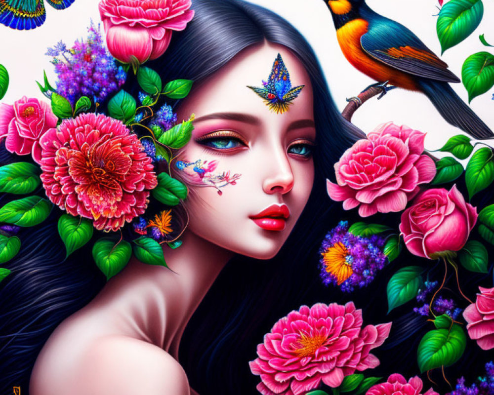 Portrait of woman with colorful flowers, butterfly, and bird.