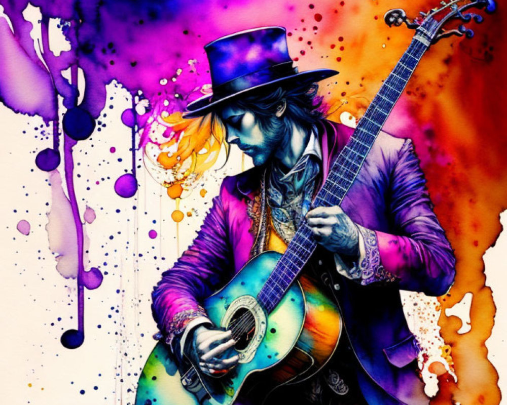 Colorful watercolor illustration: Stylish person in top hat playing guitar amid vivid ink splatters