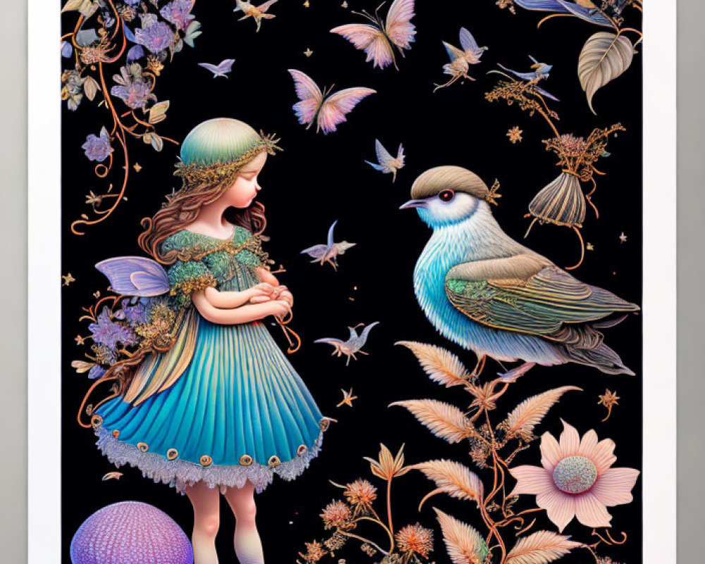 Fantastical illustration of girl with fairy wings and bird in lush flora on dark background