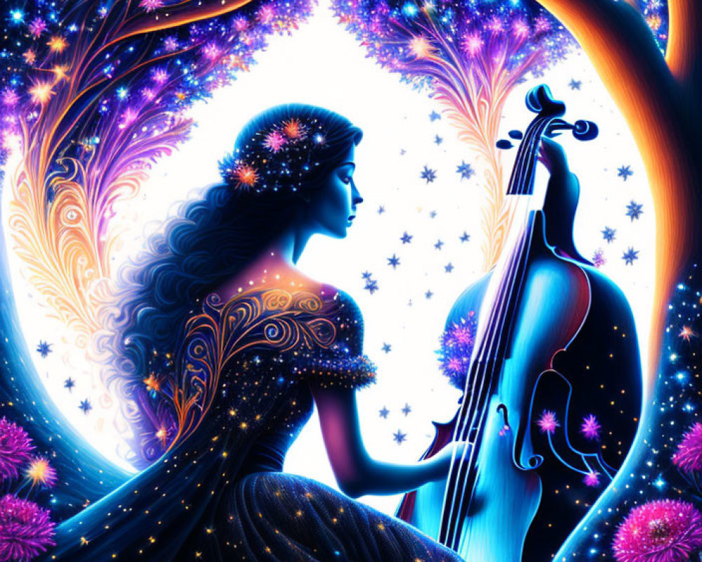 Woman playing cello under cosmic tree in digital art