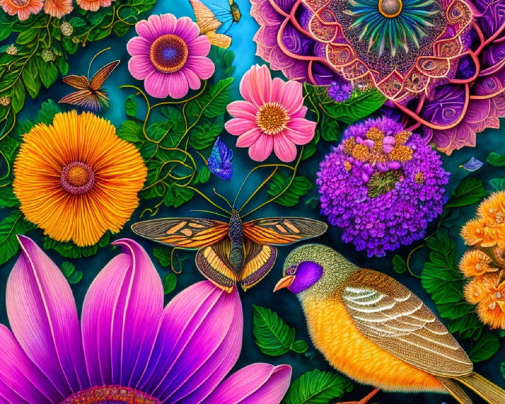 Colorful digital artwork: Flowers, bird, and butterflies on teal background