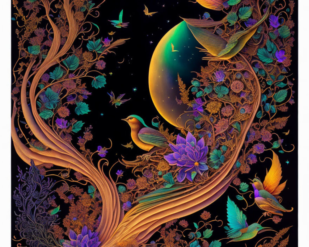Colorful birds, detailed trees, and moon in fantastical artwork