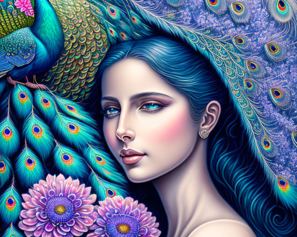 Colorful illustration of woman with blue hair, peacock, and pink flowers.