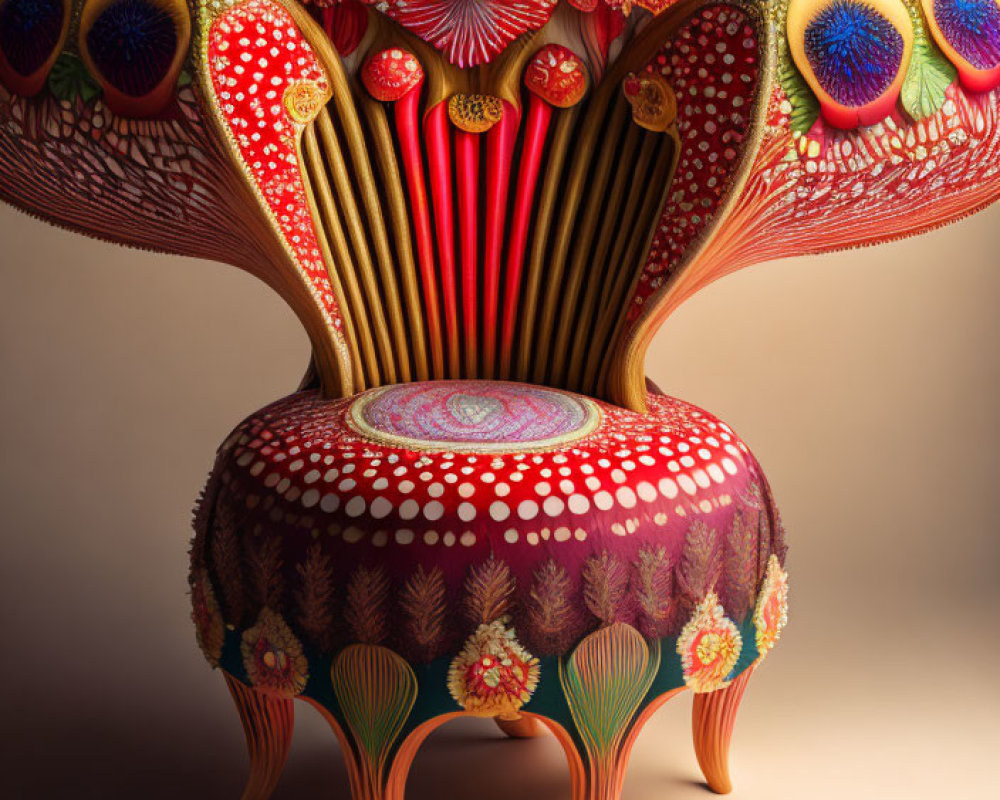 Colorful Ornate Mushroom with Intricate Patterns on Textured Base