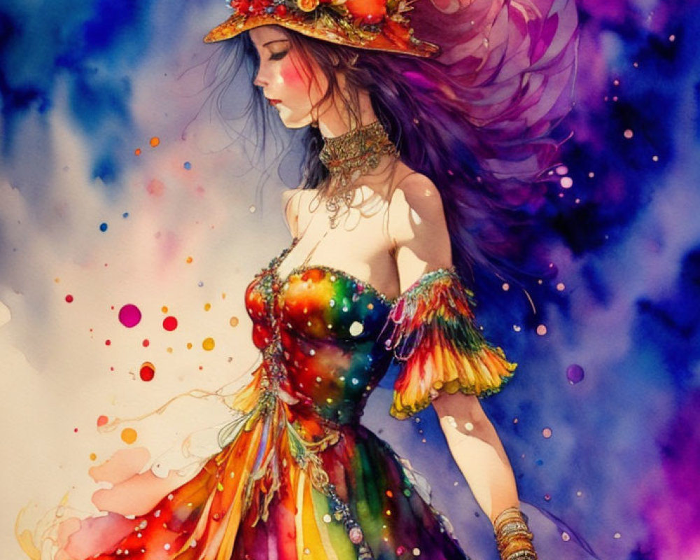 Colorful Dress and Wide-Brimmed Hat on Illustrated Woman with Flowers and Watercolor Splashes