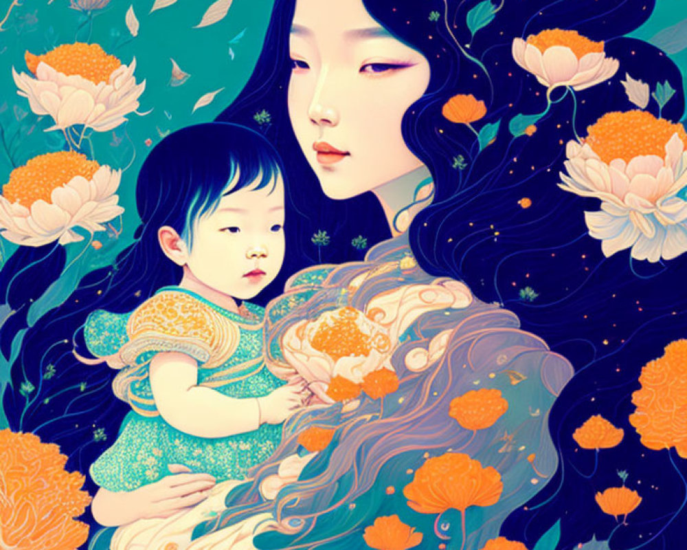Vibrant teal and orange illustration of woman with child in floral setting