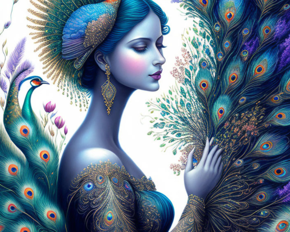 Stylized woman with peacock features and butterfly in vibrant illustration