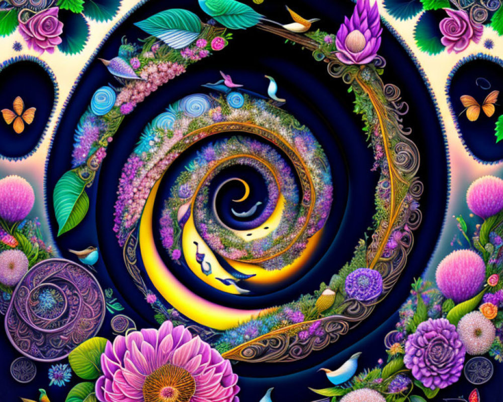 Colorful swirling galaxy with flora and fauna in digital art.