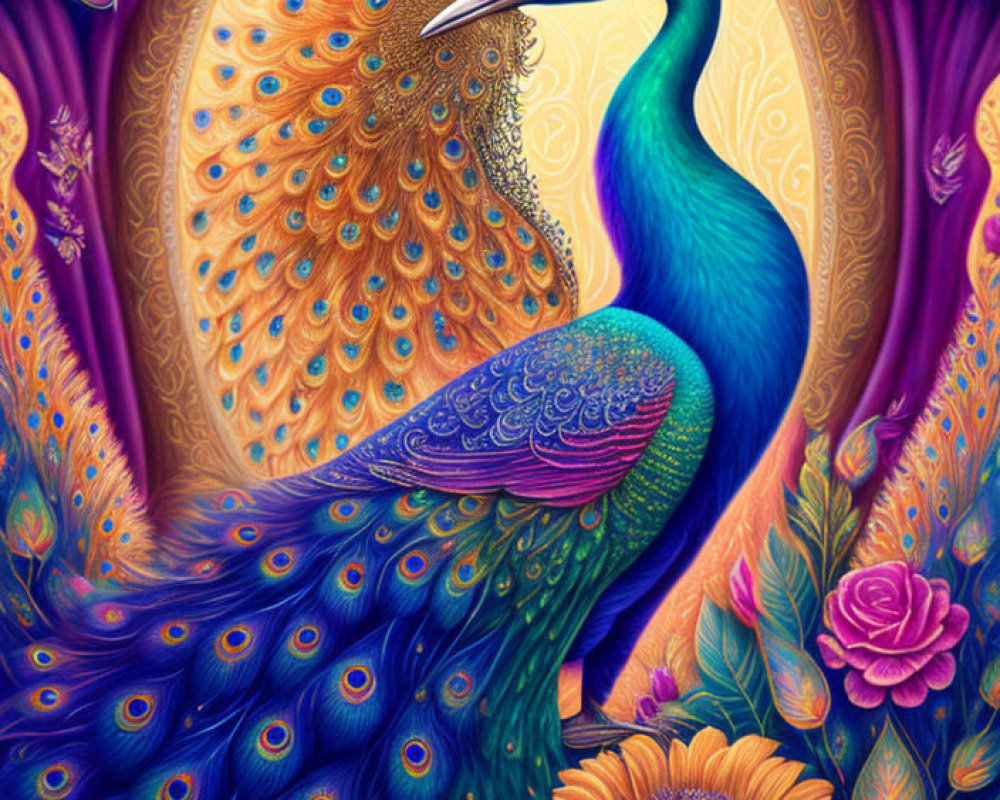 Colorful Peacock Illustration with Floral Patterns and Feathers