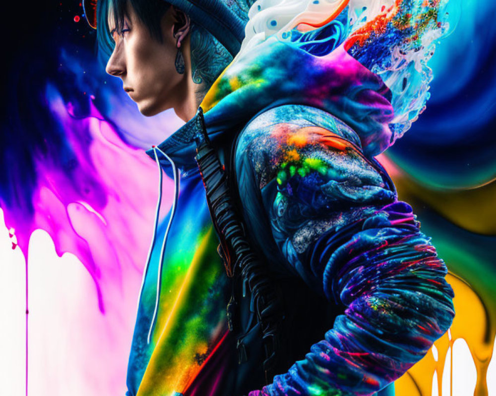 Colorful profile portrait with paint-like explosion of colors for surreal effect