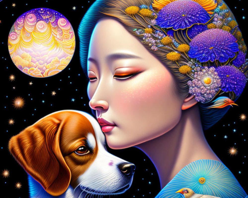 Vibrant portrait of woman with flowers, dog, birds, cosmic background