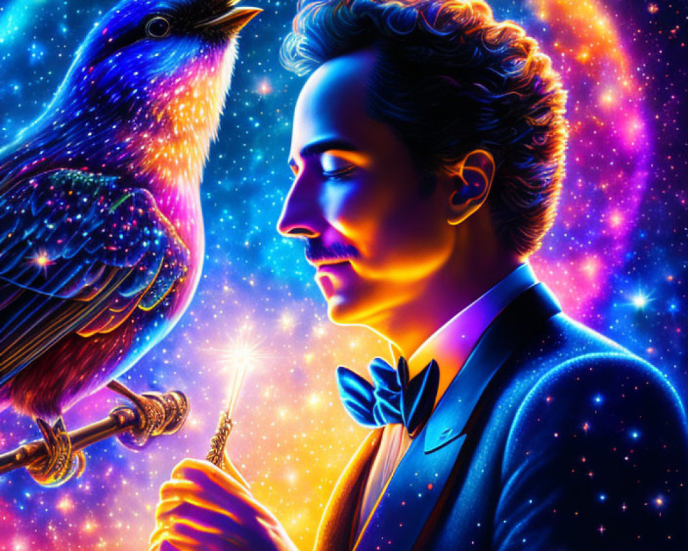 Colorful cosmic-themed illustration: man in tuxedo with sword and hummingbird in starry space
