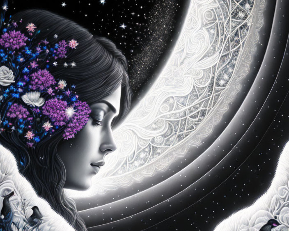 Woman with floral adornments under crescent moon in starlit sky with raven - Illustration