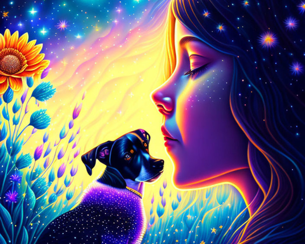 Illustration of girl, dog, sunflowers, bird under starry sky